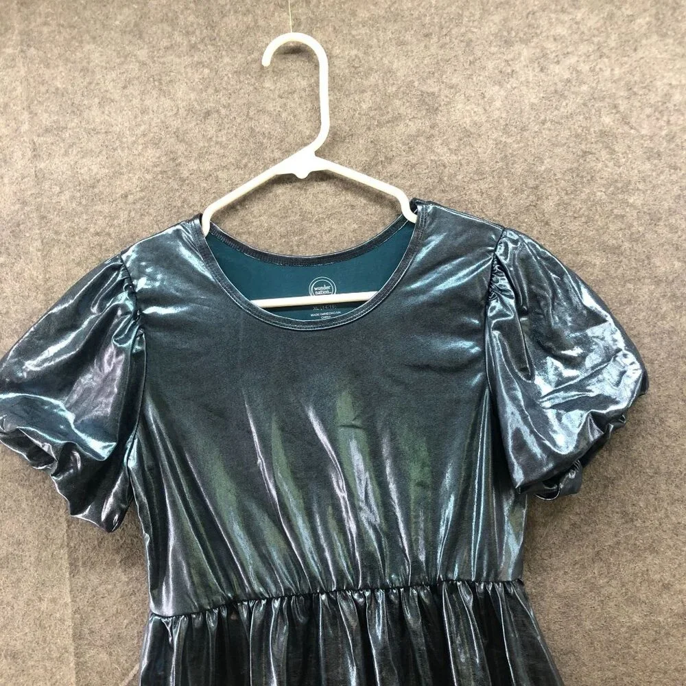 Wonder Nation Girls XL (14-16) Metallic Party Dress Teal Puff Sleeve‎ Midi